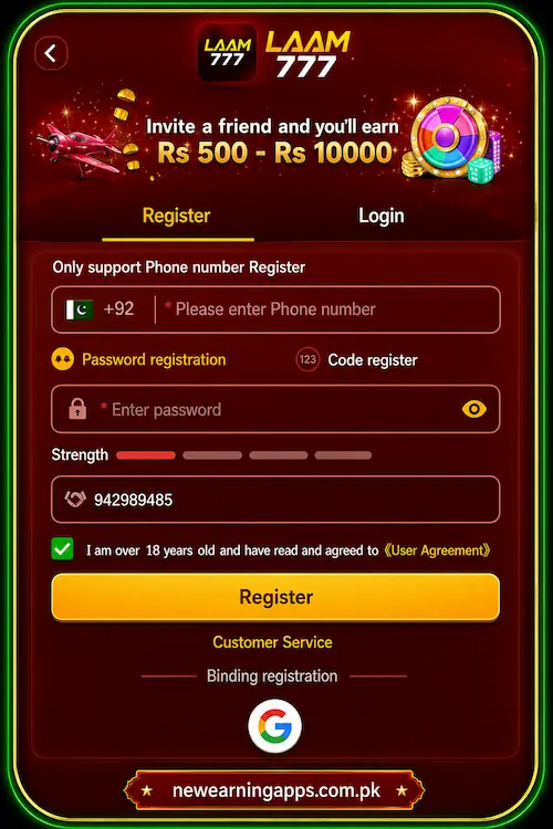 Laam777 Game APK registration screen