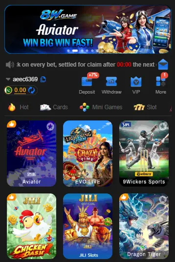W Game app interface and gaming screen